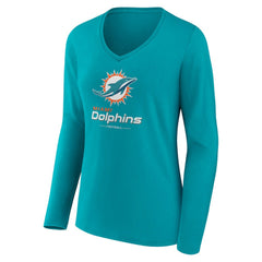 Miami Dolphins Women's Logo Team Lockup Long Sleeve V-Neck T-Shirt - Aqua - NFL