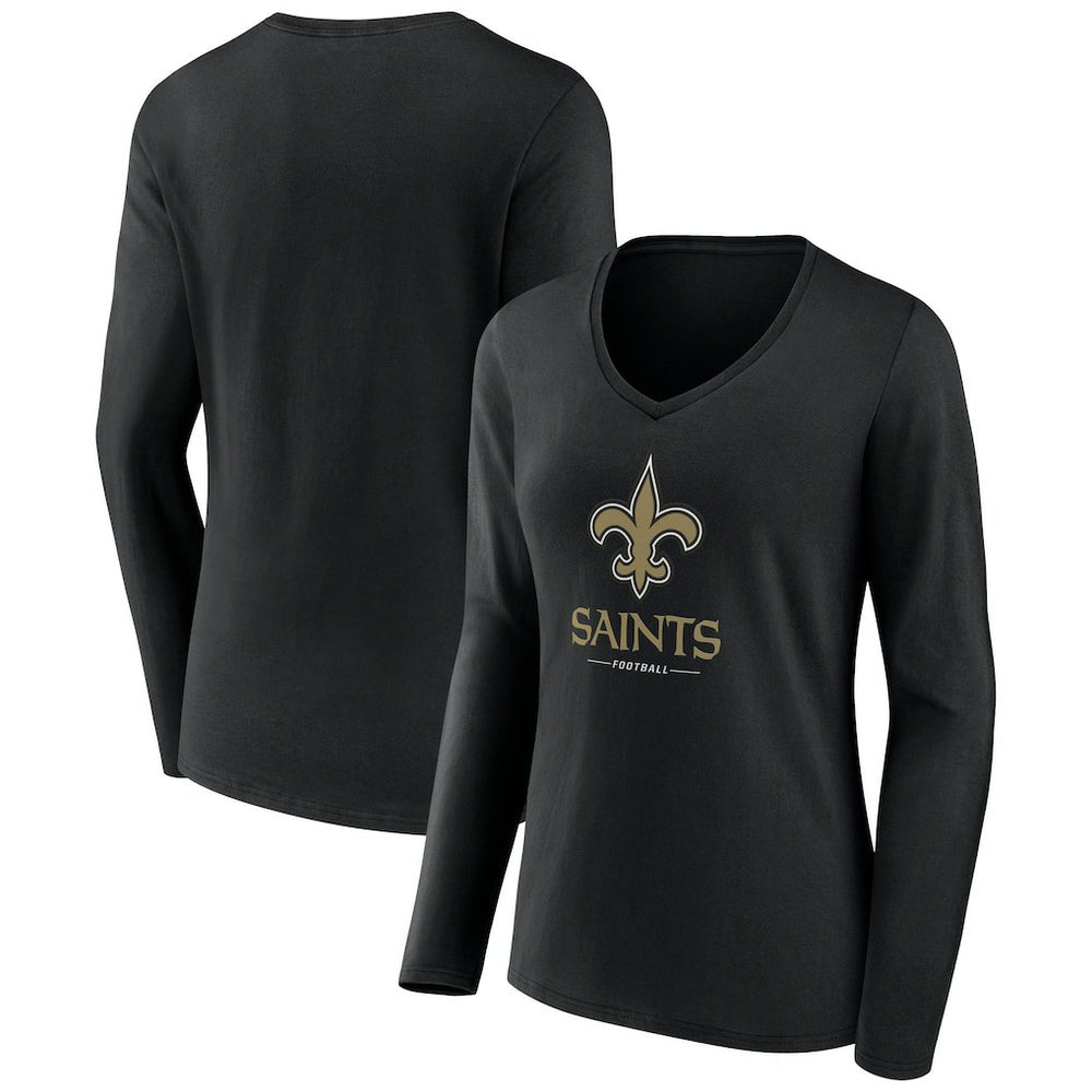 New Orleans Saints Women's Logo Team Lockup Long Sleeve V-Neck T-Shirt - Black - NFL