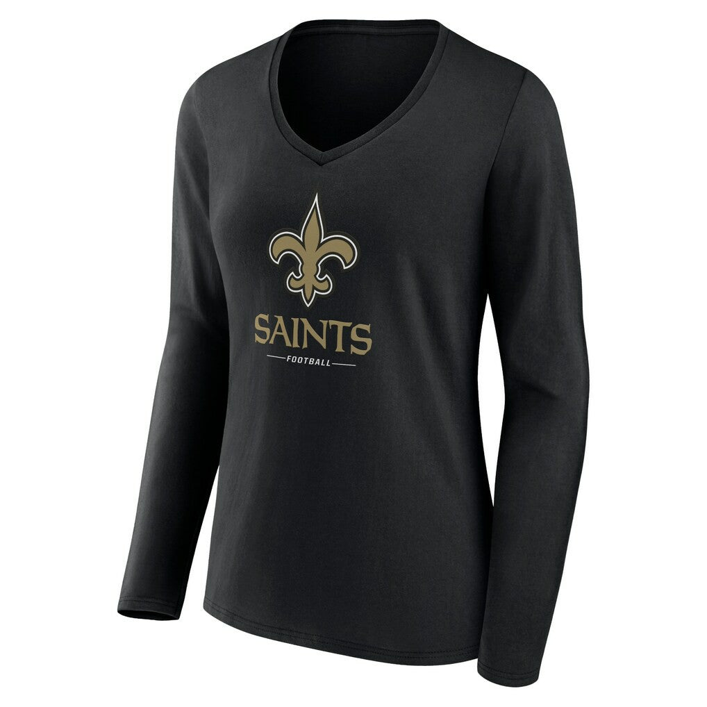 New Orleans Saints Women's Logo Team Lockup Long Sleeve V-Neck T-Shirt - Black - NFL