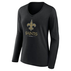 New Orleans Saints Women's Logo Team Lockup Long Sleeve V-Neck T-Shirt - Black - NFL