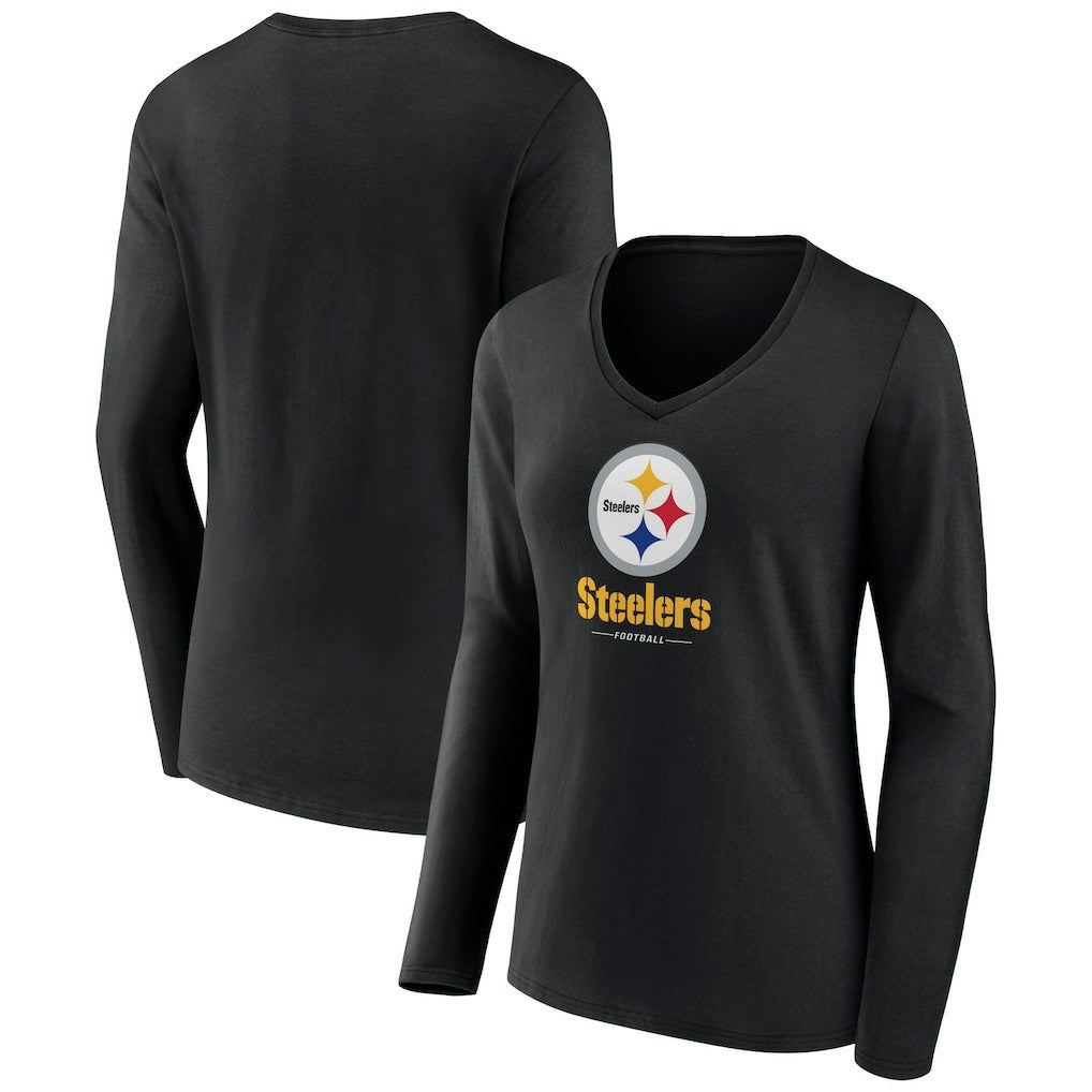 Pittsburgh Steelers Women's Logo Team Lockup Long Sleeve V-Neck T-Shirt - Black - NFL