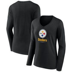 Pittsburgh Steelers Women's Logo Team Lockup Long Sleeve V-Neck T-Shirt - Black - NFL
