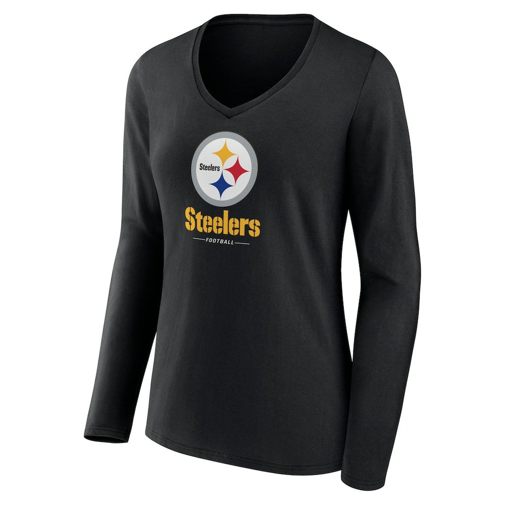 Pittsburgh Steelers Women's Logo Team Lockup Long Sleeve V-Neck T-Shirt - Black - NFL