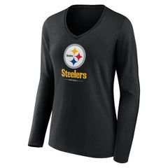 Pittsburgh Steelers Women's Logo Team Lockup Long Sleeve V-Neck T-Shirt - Black - NFL