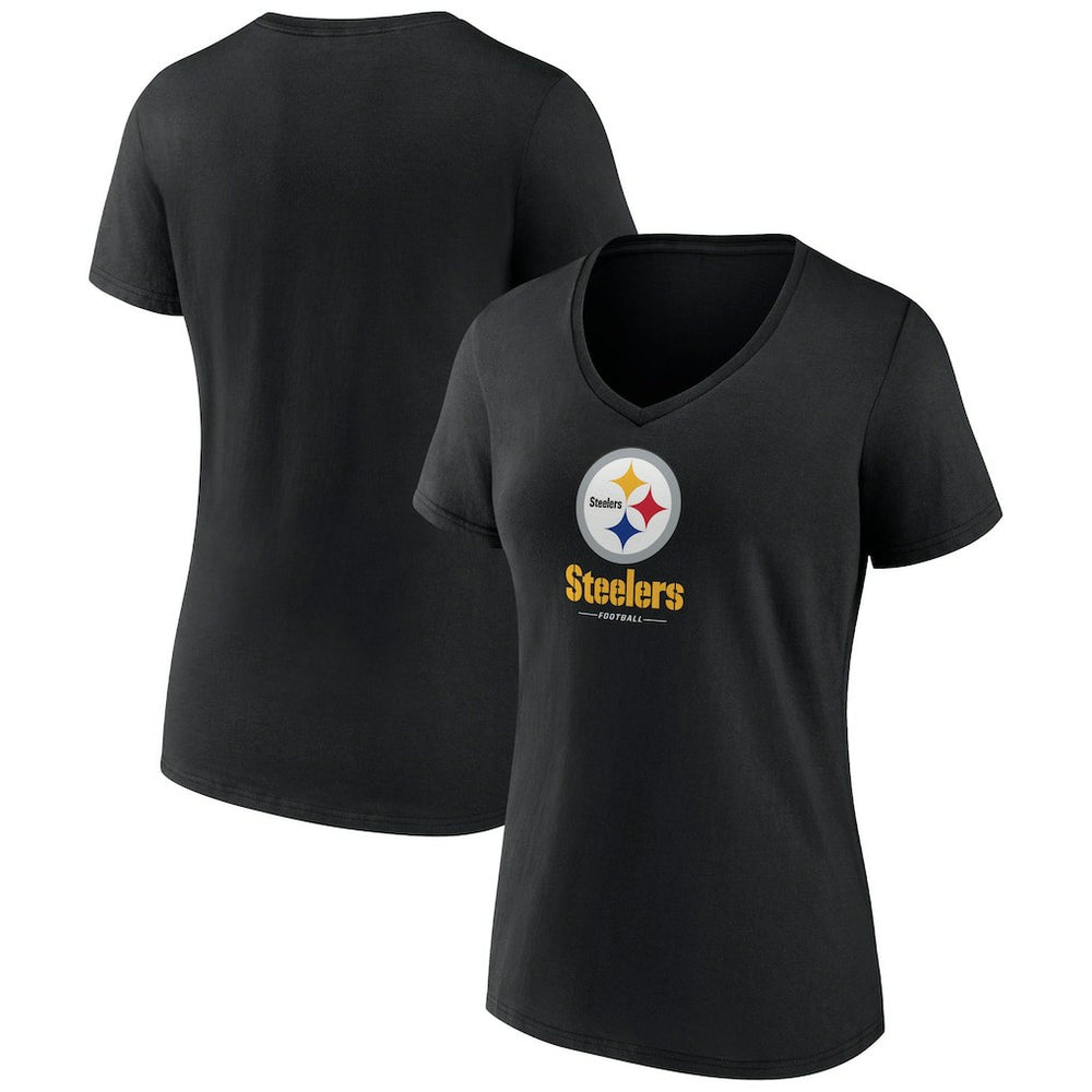 Pittsburgh Steelers Women's Logo Team Lockup V-Neck T-Shirt - Black - NFL