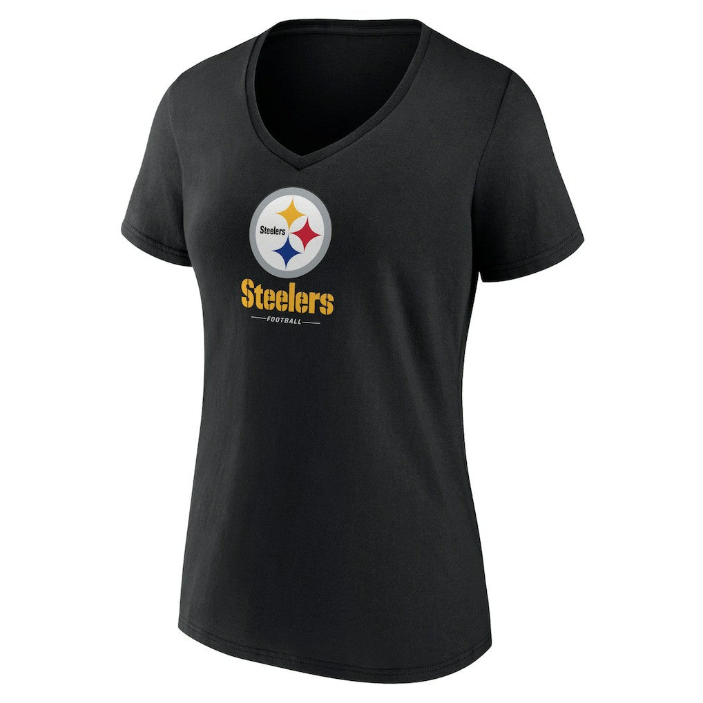 Pittsburgh Steelers Women's Logo Team Lockup V-Neck T-Shirt - Black - NFL