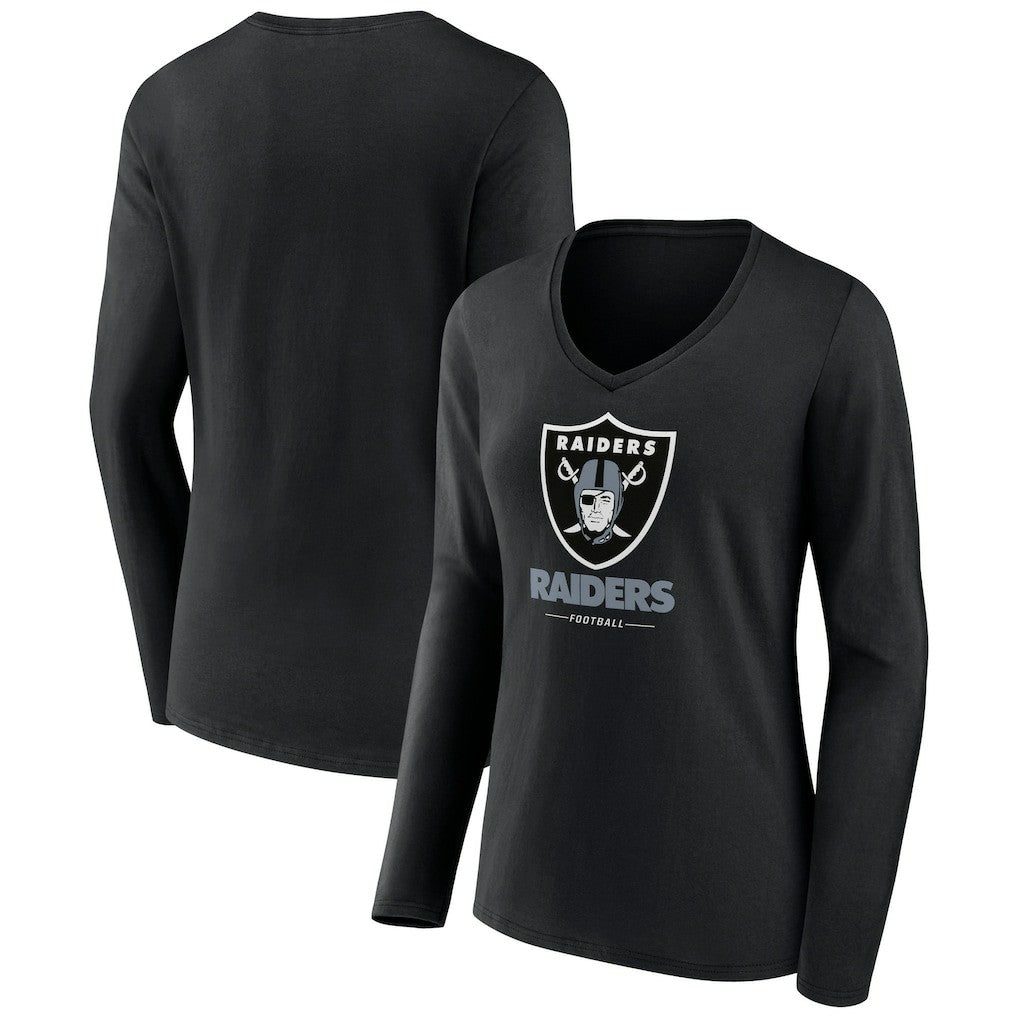 Las Vegas Raiders Women's Logo Team Lockup Long Sleeve V-Neck T-Shirt - Black - NFL