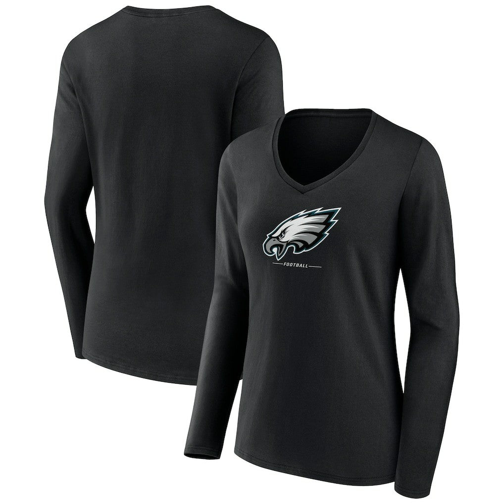 Philadelphia Eagles Women's Logo Team Lockup Long Sleeve V-Neck T-Shirt - Black - NFL