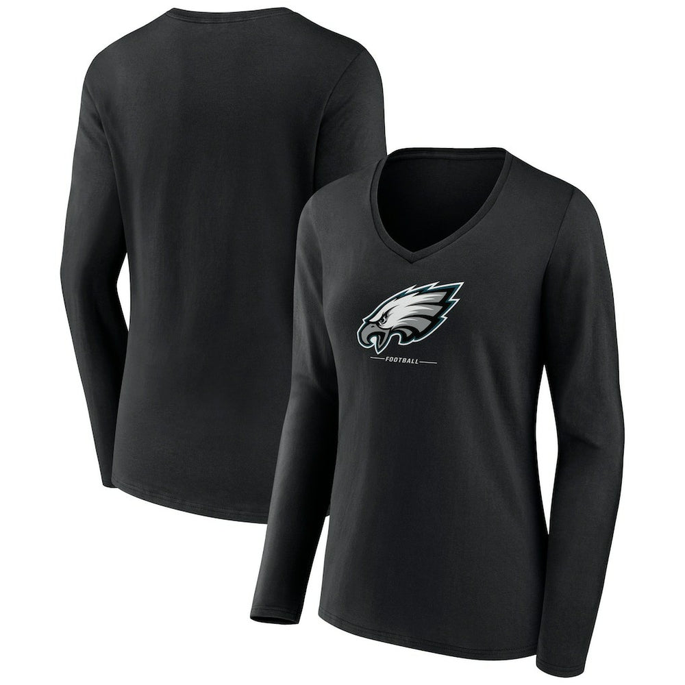Philadelphia Eagles Women's Logo Team Lockup Long Sleeve V-Neck T-Shirt - Black - NFL
