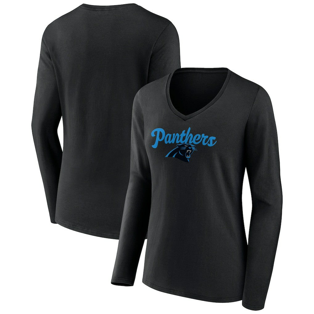 Carolina Panthers Women's Freehand Team Long Sleeve V-Neck T-Shirt - Black - NFL