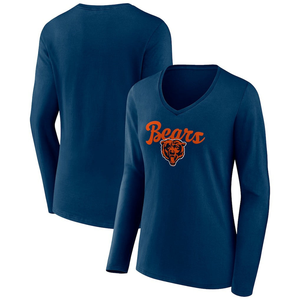 Chicago Bears Women's Freehand Team Long Sleeve V-Neck T-Shirt - Navy - NFL