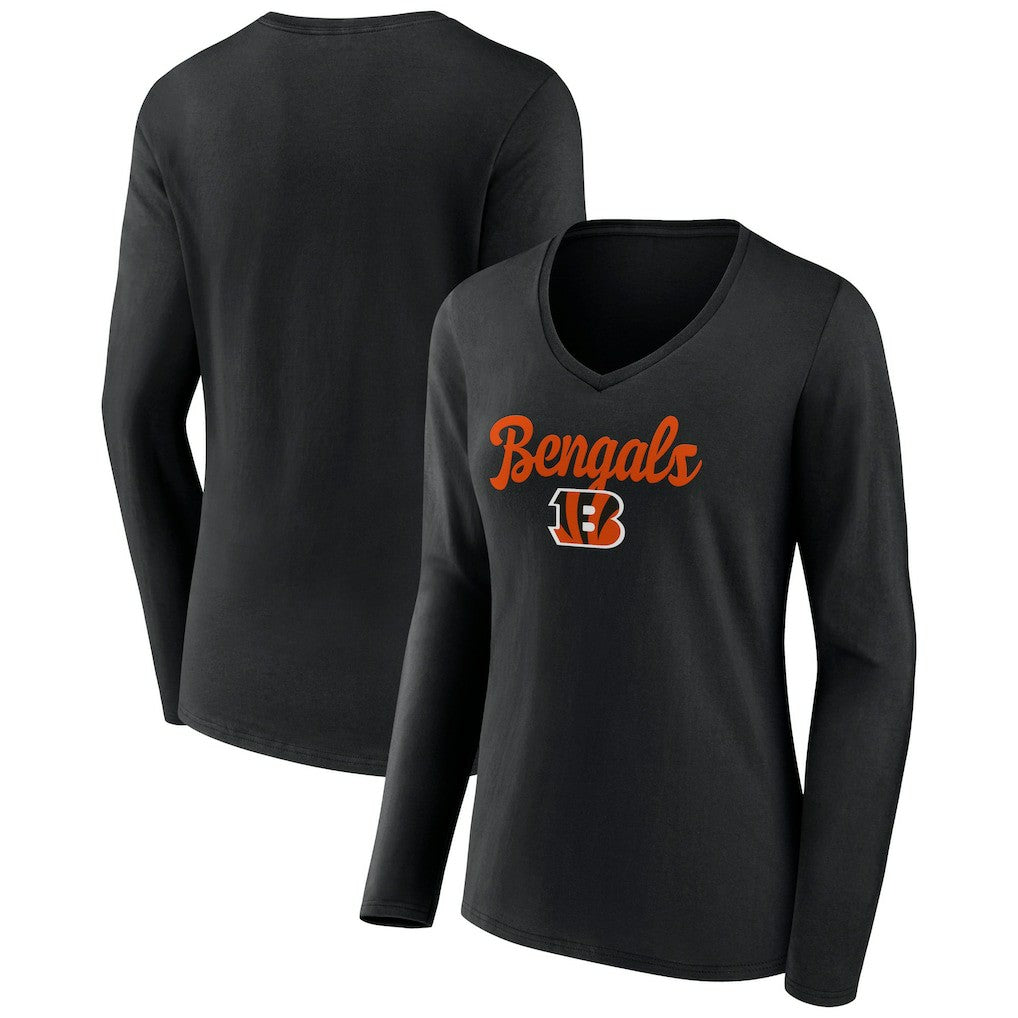 Cincinnati Bengals Women's Freehand Team Long Sleeve V-Neck T-Shirt - Black - NFL
