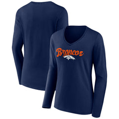 Denver Broncos Women's Freehand Team Long Sleeve V-Neck T-Shirt - Navy - NFL