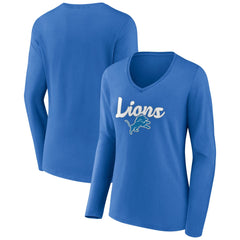 Detroit Lions Women's Freehand Team Long Sleeve V-Neck T-Shirt - Blue - NFL