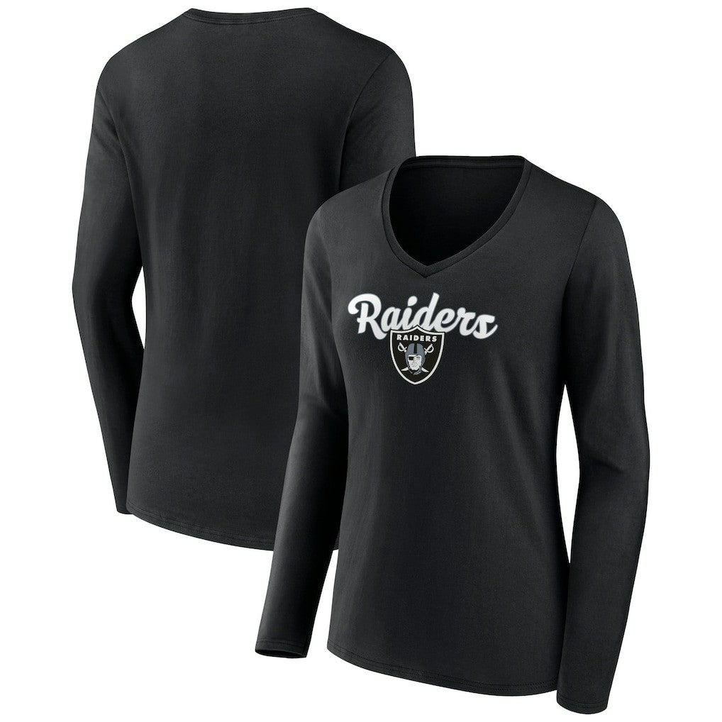 Las Vegas Raiders Women's Freehand Team Long Sleeve V-Neck T-Shirt - Black - NFL