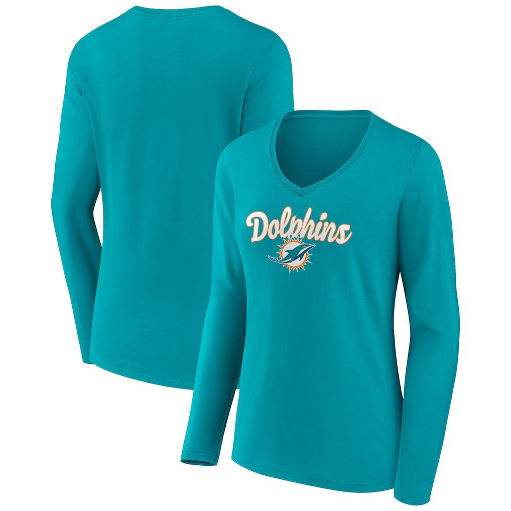 Miami Dolphins Women's Freehand Team Long Sleeve V-Neck T-Shirt - Aqua - NFL