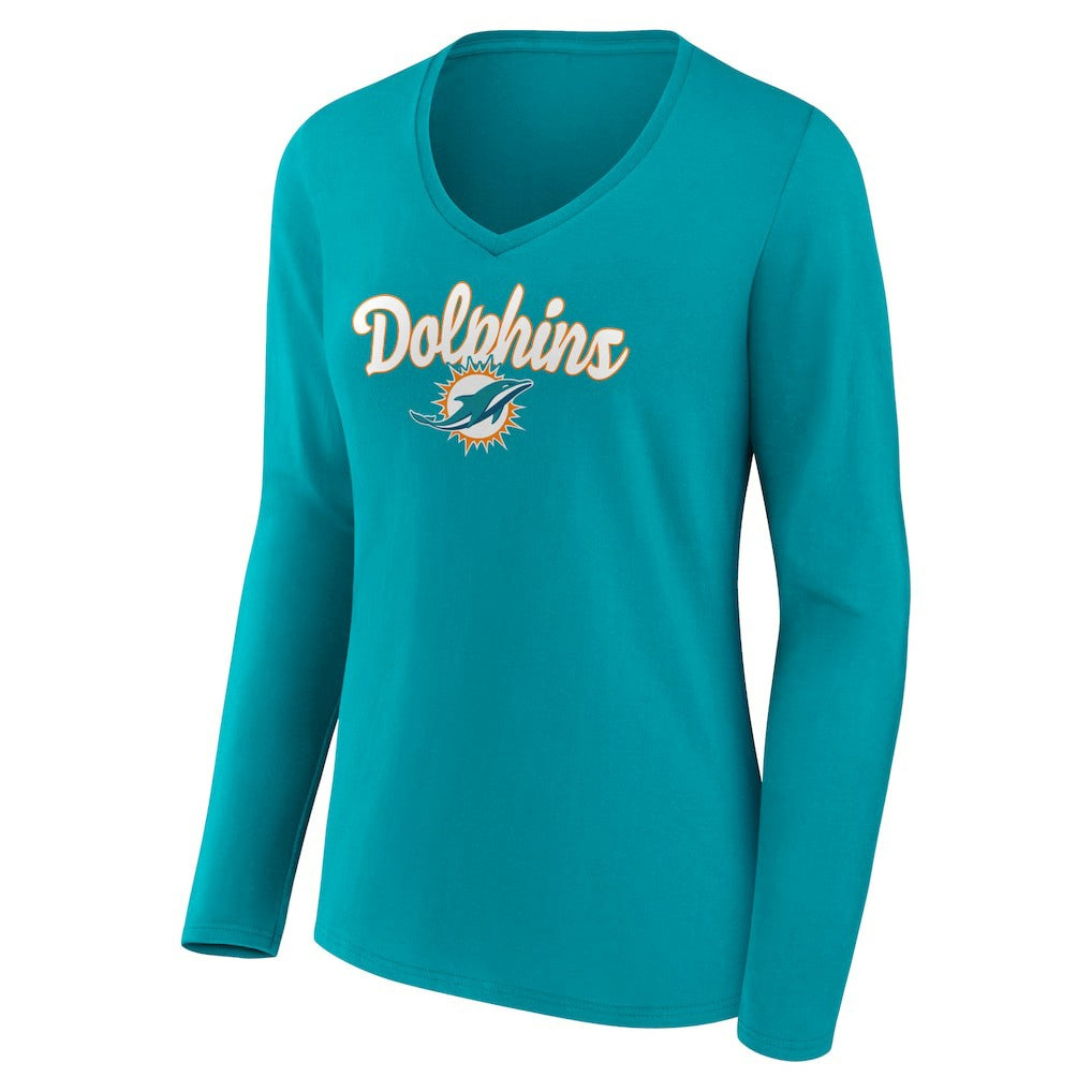 Miami Dolphins Women's Freehand Team Long Sleeve V-Neck T-Shirt - Aqua - NFL