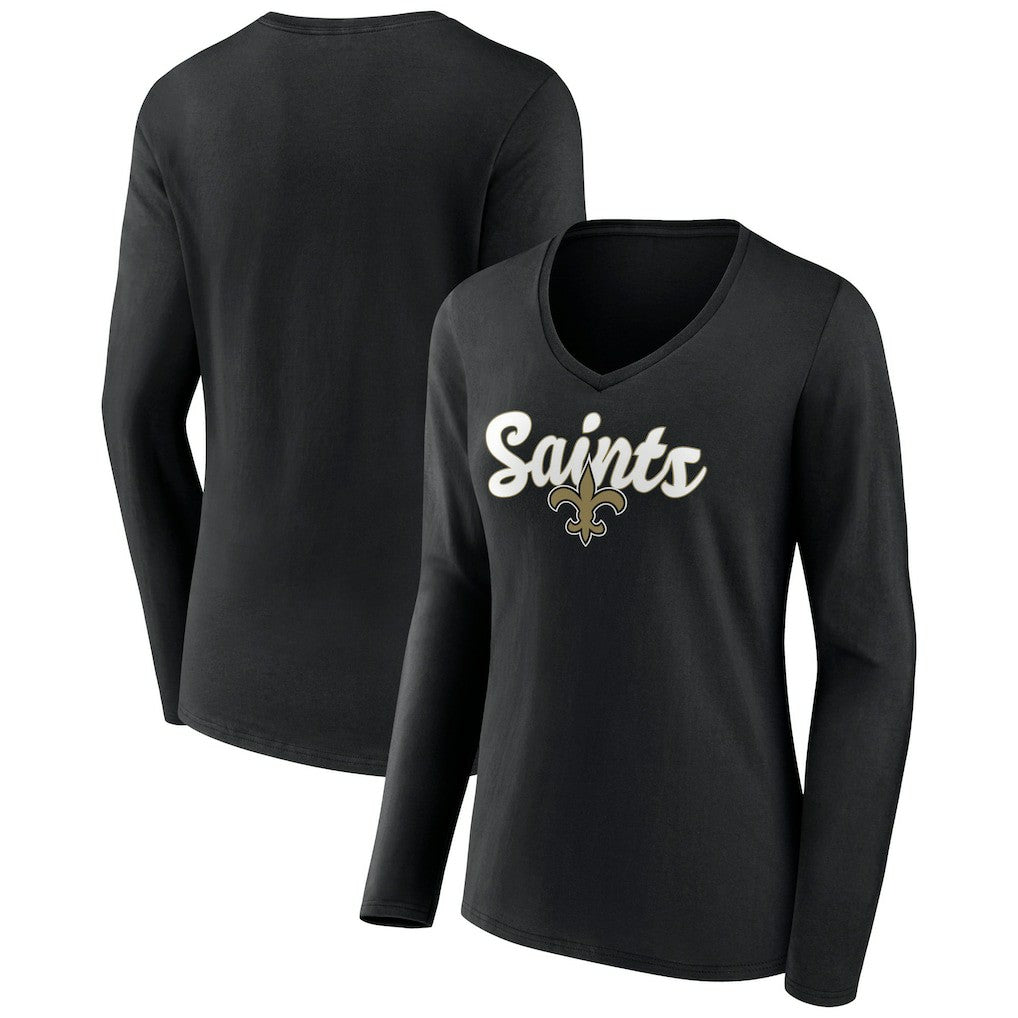 New Orleans Saints Women's Freehand Team Long Sleeve V-Neck T-Shirt - Black - NFL