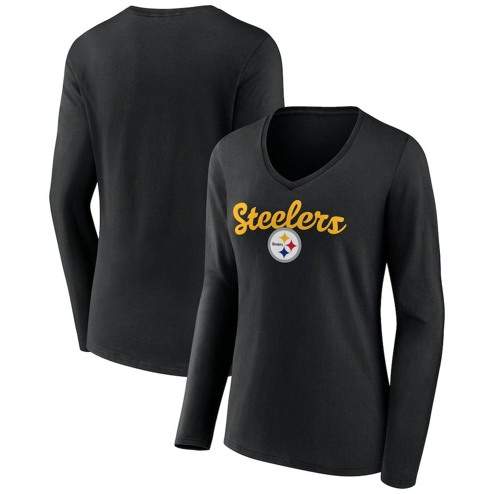 Pittsburgh Steelers Women's Freehand Team Long Sleeve V-Neck T-Shirt - Black - NFL