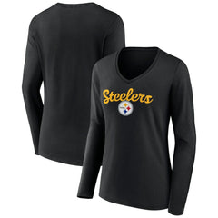Pittsburgh Steelers Women's Freehand Team Long Sleeve V-Neck T-Shirt - Black - NFL
