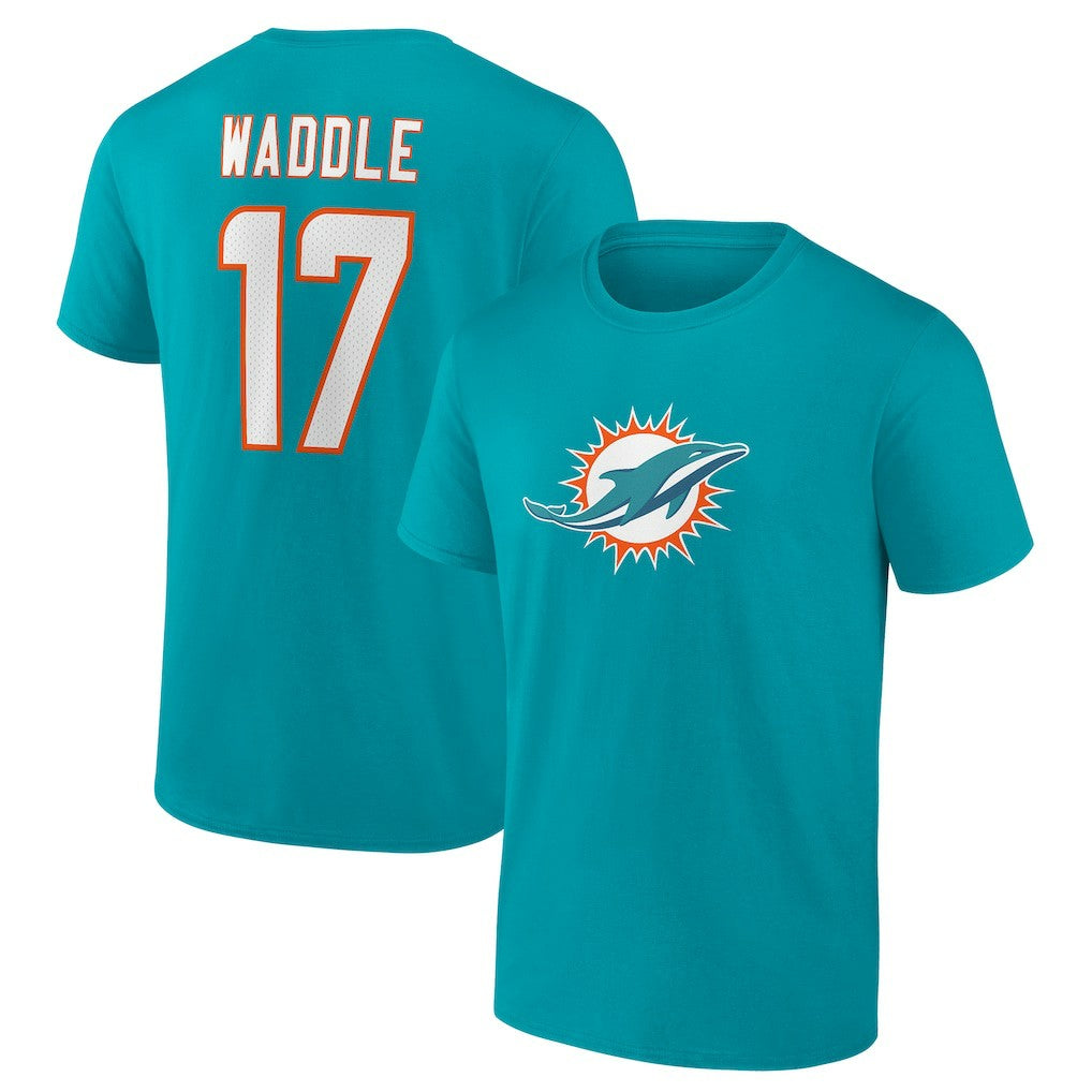 Jaylen Waddle Miami Dolphins Player Icon Name & Number T-Shirt - Aqua - NFL