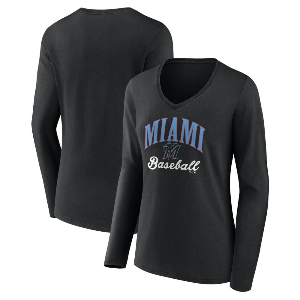 Miami Marlins Women's Victory Script Long Sleeve V-Neck T-Shirt Sale