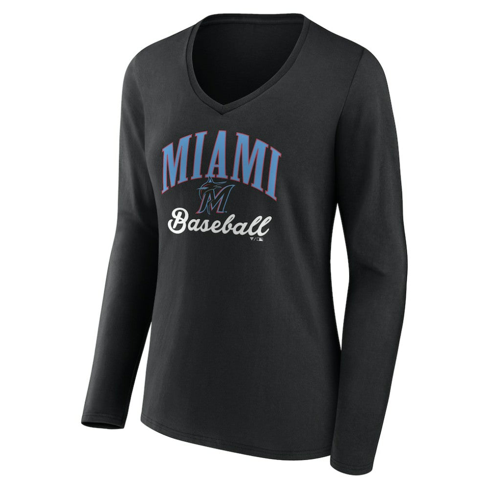 Miami Marlins Women's Victory Script Long Sleeve V-Neck T-Shirt Sale