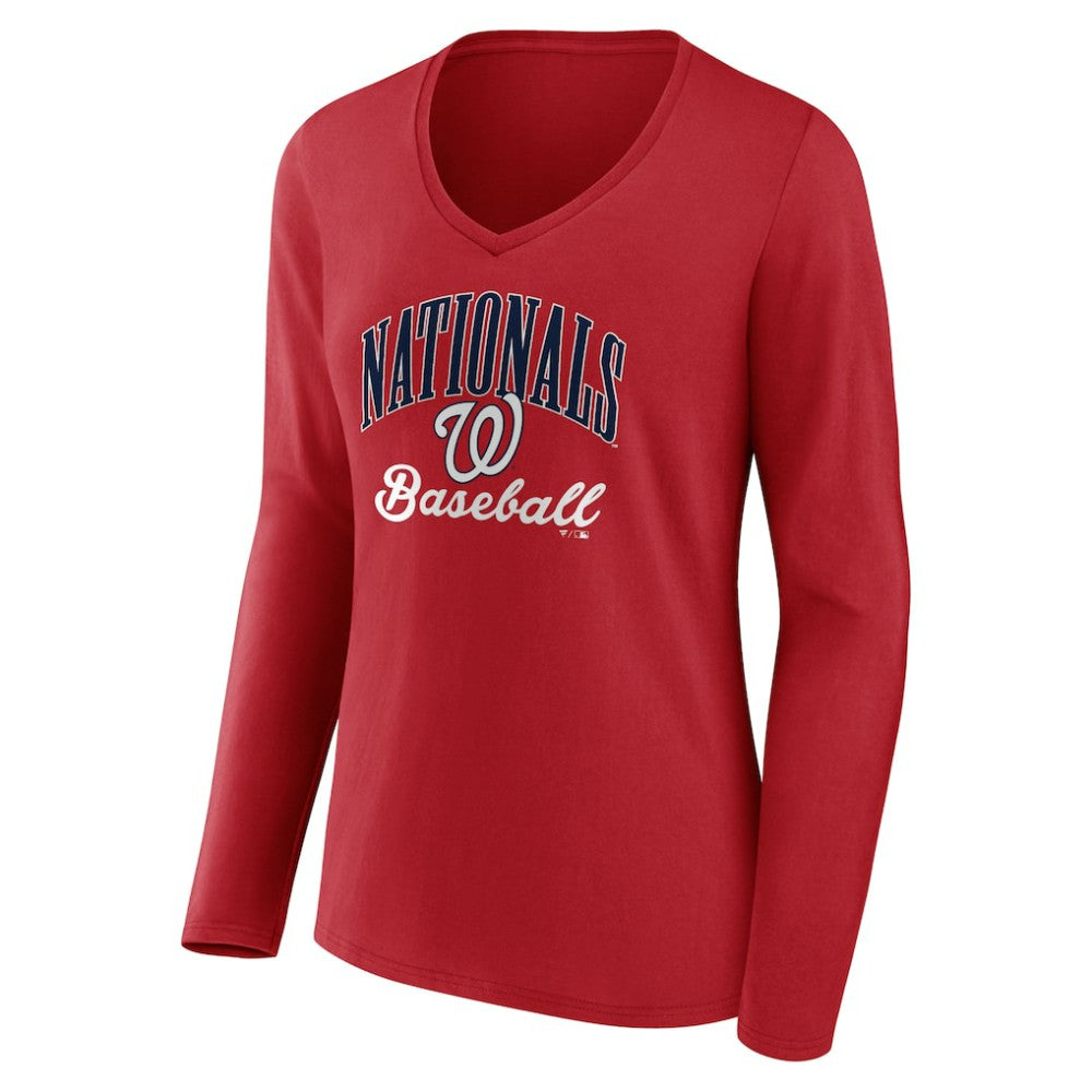 Washington Nationals Women's Victory Script Long Sleeve V-Neck T-Shirt Sale