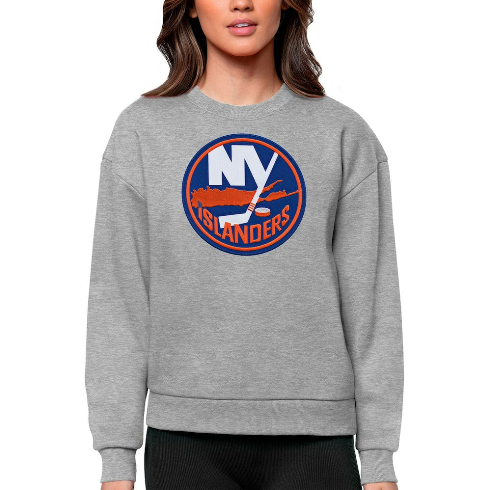 New York Islanders Antigua Women's Team Logo Victory Crewneck Pullover Sweatshirt - Heather Gray | NHL Clearance