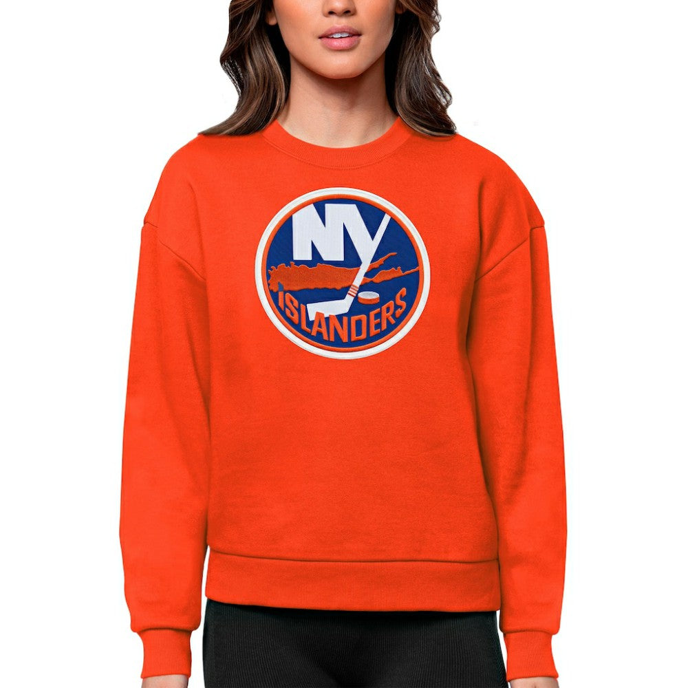 New York Islanders Antigua Women's Team Logo Victory Crewneck Pullover Sweatshirt - Orange | NHL Lifestyle