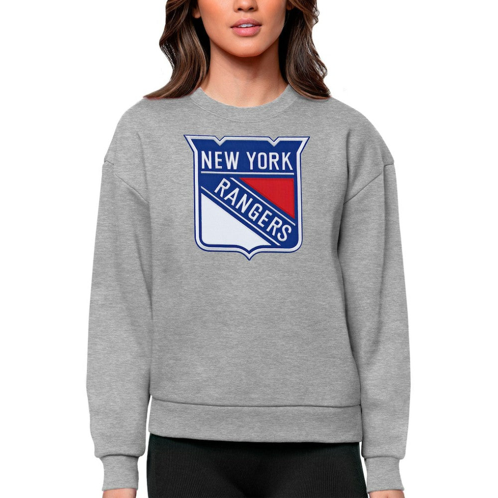 New York Rangers Antigua Women's Team Logo Victory Crewneck Pullover Sweatshirt - Heather Gray | NHL Lifestyle