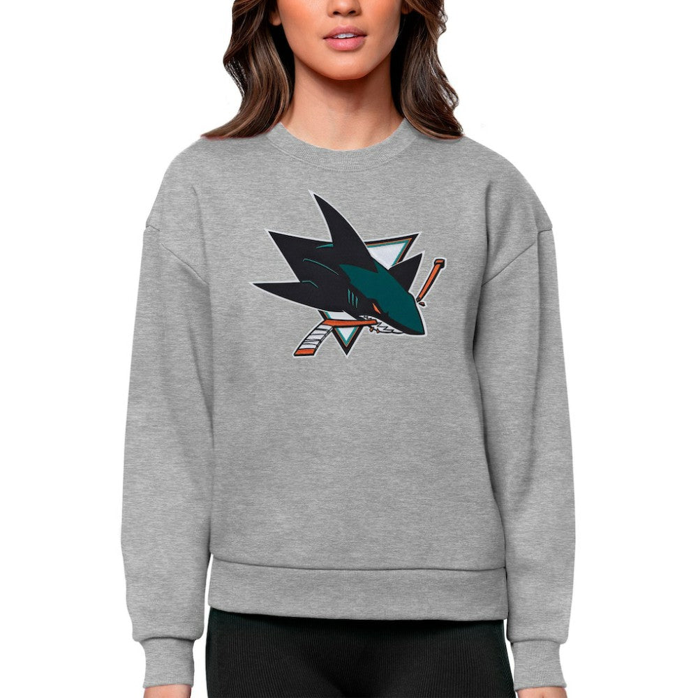 San Jose Sharks Antigua Women's Team Logo Victory Crewneck Pullover Sweatshirt - Heather Gray | NHL Clearance