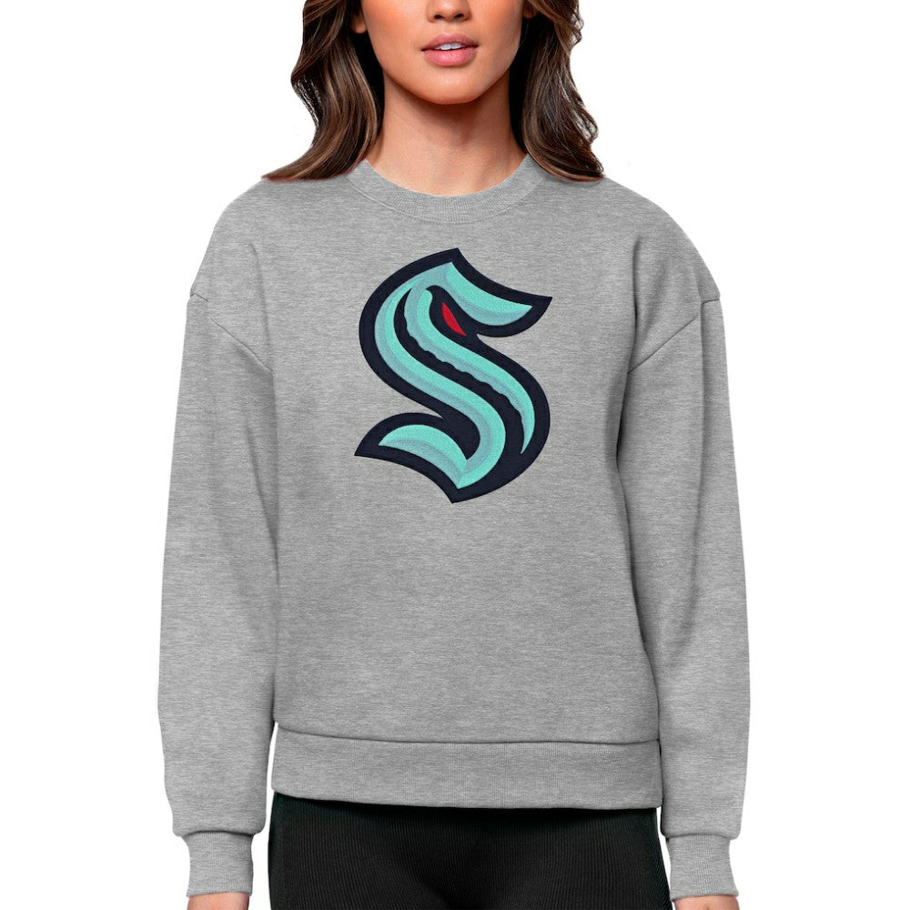 Seattle Kraken Antigua Women's Team Logo Victory Crewneck Pullover Sweatshirt - Heather Gray | NHL Clearance