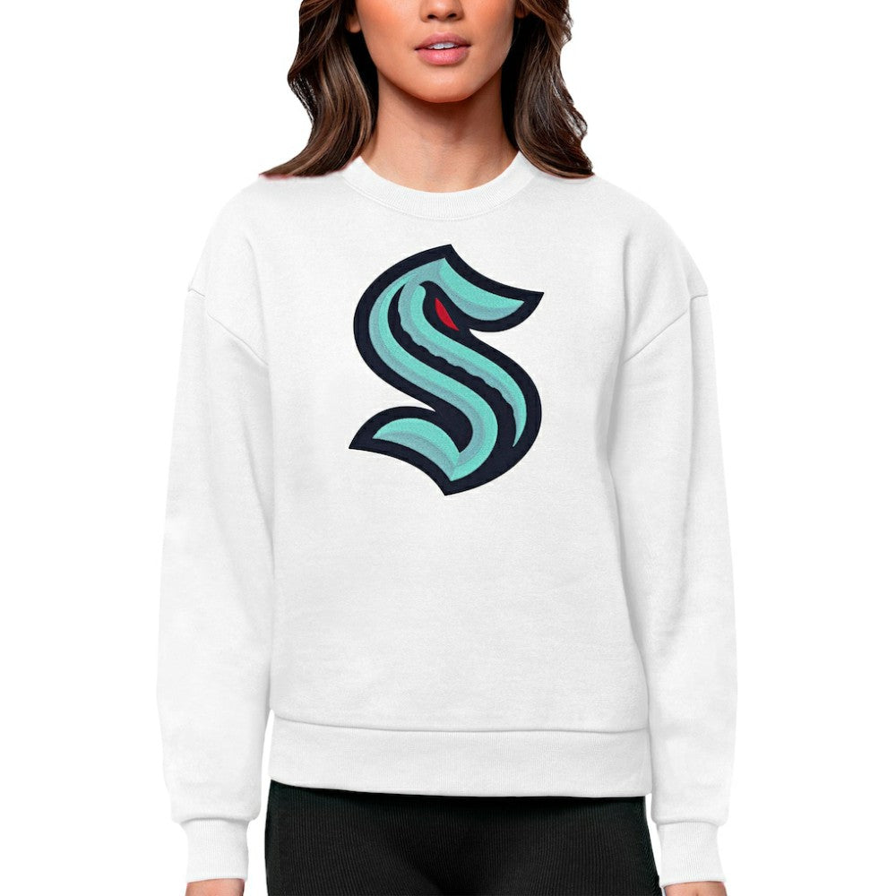 Seattle Kraken Antigua Women's Team Logo Victory Crewneck Pullover Sweatshirt - White | NHL Lifestyle