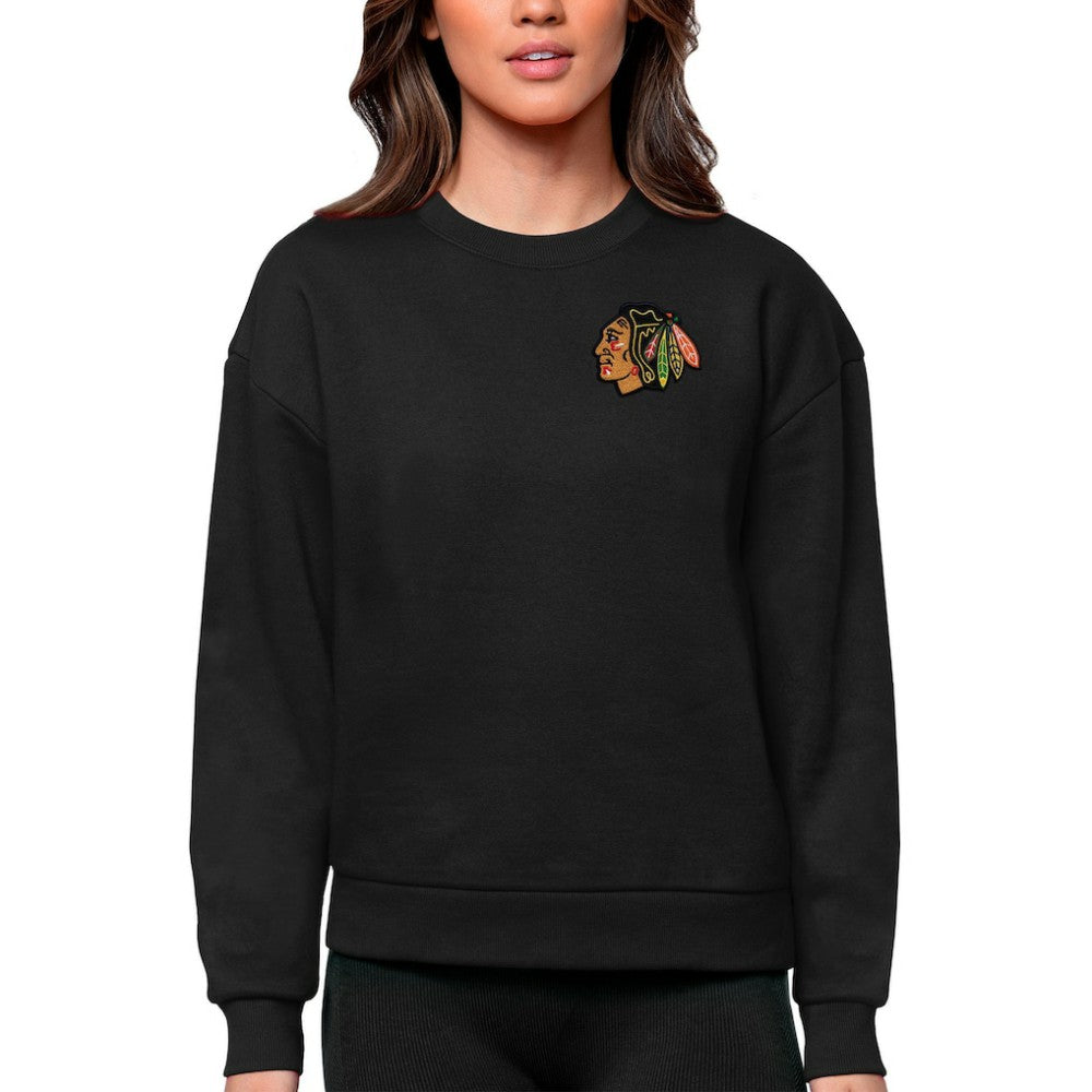 Chicago Blackhawks Antigua Women's Victory Crewneck Pullover Sweatshirt - Black | NHL Lifestyle