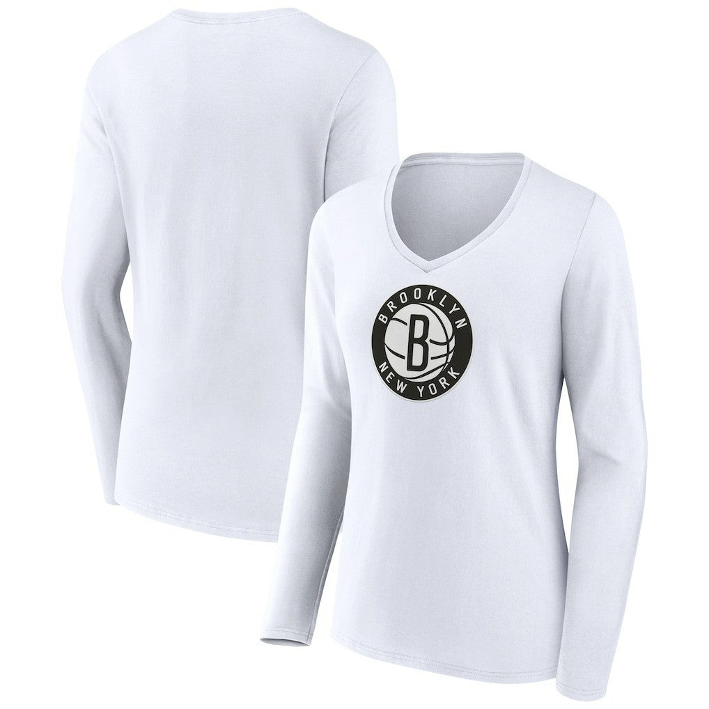 Brooklyn Nets Women's Logo Long Sleeve V-Neck T-Shirt White