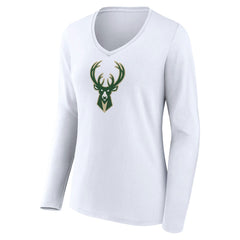 Milwaukee Bucks Women's Logo Long Sleeve V-Neck T-Shirt White