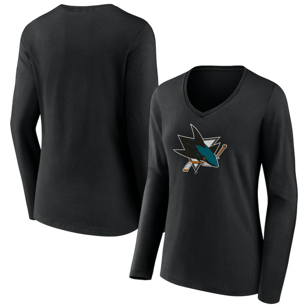 San Jose Sharks Women's Team Logo Long Sleeve V-Neck T-Shirt - Black | NHL near me
