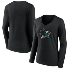 San Jose Sharks Women's Team Logo Long Sleeve V-Neck T-Shirt - Black | NHL near me