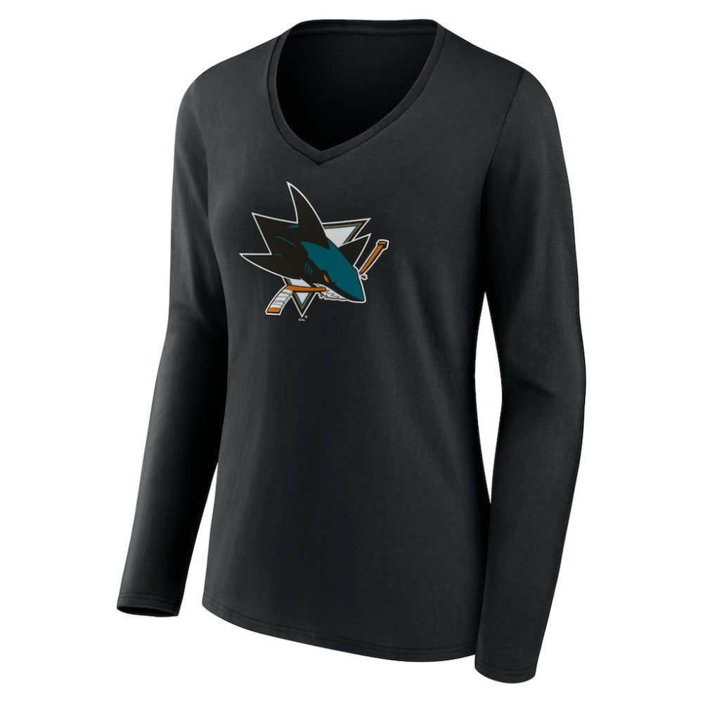 San Jose Sharks Women's Team Logo Long Sleeve V-Neck T-Shirt - Black | NHL near me