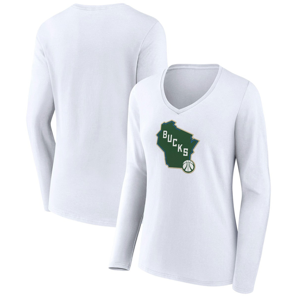 Milwaukee Bucks Women's Alternate Logo V-Neck Long Sleeve T-Shirt White