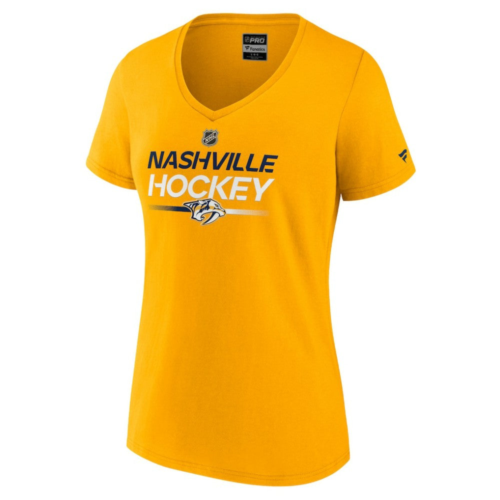 Nashville Predators Fanatics Women's Authentic Pro Primary V-Neck T-Shirt - Gold | Fanatics Clearance