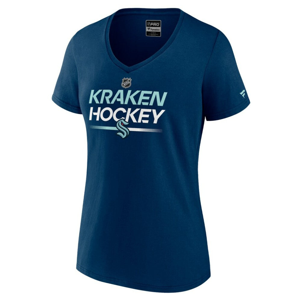 Seattle Kraken Fanatics Women's Authentic Pro V-Neck T-Shirt - Deep Sea Blue | Fanatics Lifestyle