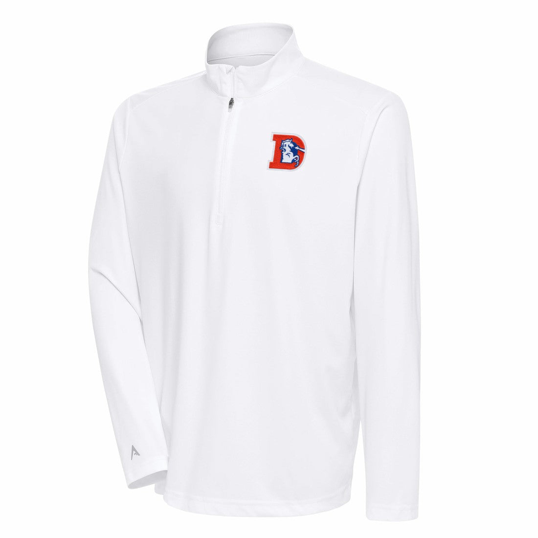 Denver Broncos Antigua Team Logo Throwback Tribute Quarter-Zip Pullover Top - White - NFL