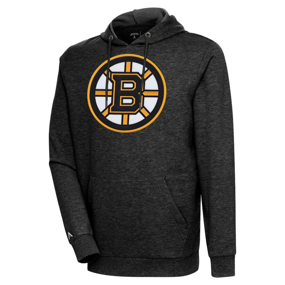 Boston Bruins Antigua Logo Action Chenille Pullover Hoodie - Heather Black | NHL Lifestyle