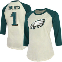 Jalen Hurts Philadelphia Eagles Majestic Threads Women's Player Raglan Name & Number Fitted 3/4-Sleeve T-Shirt - Cream/Green - NFL