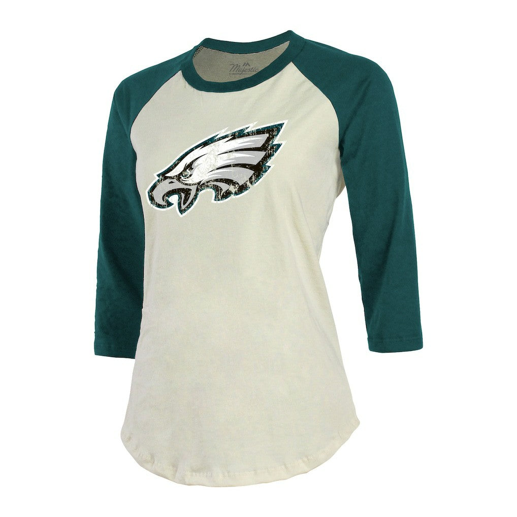 Jalen Hurts Philadelphia Eagles Majestic Threads Women's Player Raglan Name & Number Fitted 3/4-Sleeve T-Shirt - Cream/Green - NFL
