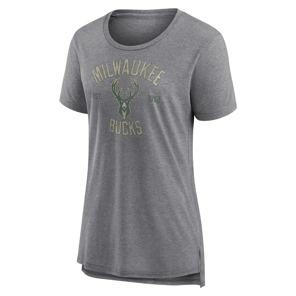 Milwaukee Bucks Women's Heritage Tri-Blend T-Shirt Heather Gray