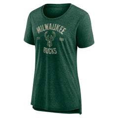 Milwaukee Bucks Women's Heritage Tri-Blend T-Shirt Heather Hunter Green