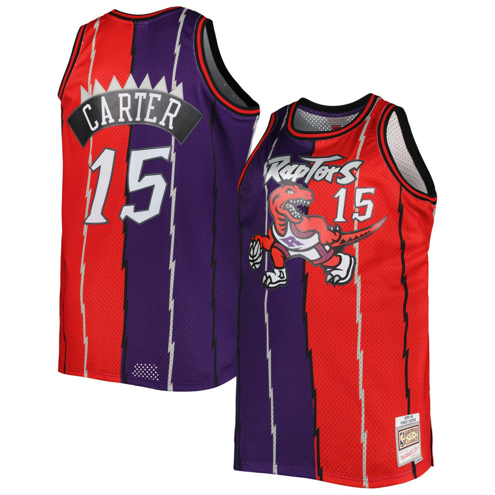 Mitchell & Ness Vince Carter Toronto Raptors Big & Tall Hardwood Classics 1998/99 Split Swingman Jersey Purple/Red